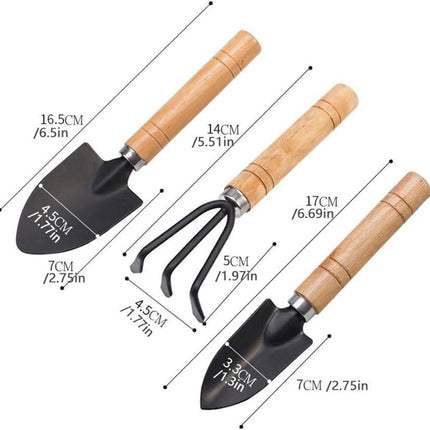 3-Piece Garden Tool Set - Wooden Handle Design - Garden Trowel, Rake and Soil Shovel - For Pots and Plants.