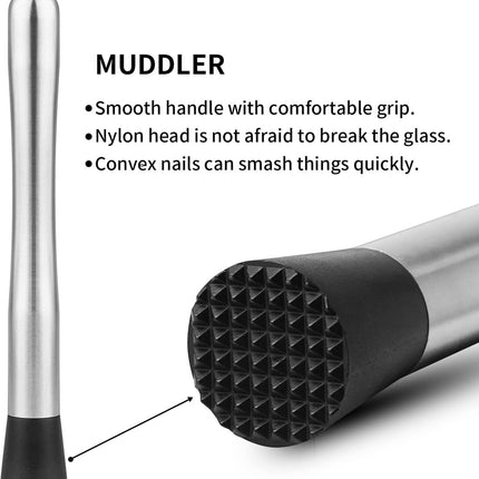 Cocktail Muddler & Stirrer - 25 cm 2-in-1 Bar Tool - Stainless Steel with Long Handle - For Mojitos and Fruit Drinks.