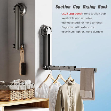 Wall drying rack – Foldable, aluminium, vacuum suction cup (grey).