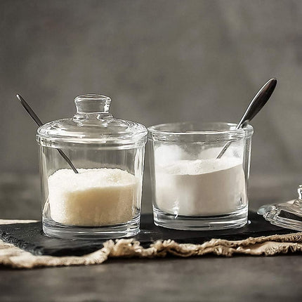 piece Classic clear glass sugar bowl with lid Serving spoon Salt shaker Pepper Storage jar Spice jar Dispenser container Sugar box Condiment Spice racks Home kitchen holder.