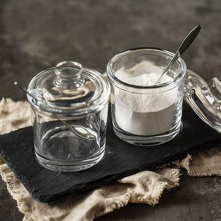 piece Classic clear glass sugar bowl with lid Serving spoon Salt shaker Pepper Storage jar Spice jar Dispenser container Sugar box Condiment Spice racks Home kitchen holder.