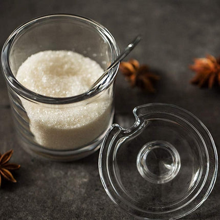 piece Classic clear glass sugar bowl with lid Serving spoon Salt shaker Pepper Storage jar Spice jar Dispenser container Sugar box Condiment Spice racks Home kitchen holder.