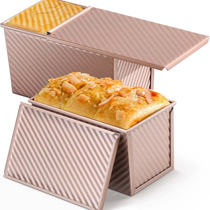2-pack Pullman loaf pan with lid - 1 pound bread baking pan - non-stick coating for homemade sourdough bread - toast box - sturdy corrugated baking pans with lid - rose gold.