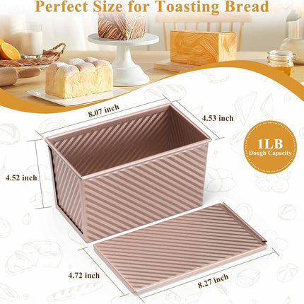 2-pack Pullman loaf pan with lid - 1 pound bread baking pan - non-stick coating for homemade sourdough bread - toast box - sturdy corrugated baking pans with lid - rose gold.