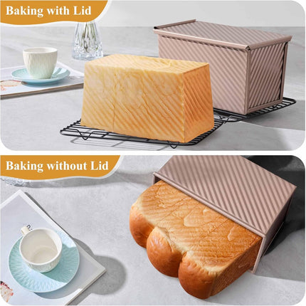 2-pack Pullman loaf pan with lid - 1 pound bread baking pan - non-stick coating for homemade sourdough bread - toast box - sturdy corrugated baking pans with lid - rose gold.
