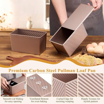 2-pack Pullman loaf pan with lid - 1 pound bread baking pan - non-stick coating for homemade sourdough bread - toast box - sturdy corrugated baking pans with lid - rose gold.