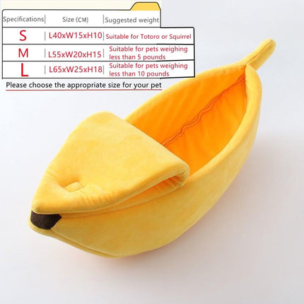 Banana-shaped pet bed - Creative dog and cat kennel - Warm and soft plush puppy mat - Cute fruit design for cats, kittens, and dogs - Available in various sizes (L).