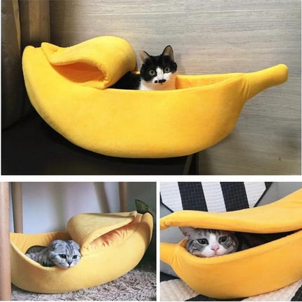 Banana-shaped pet bed - Creative dog and cat kennel - Warm and soft plush puppy mat - Cute fruit design for cats, kittens, and dogs - Available in various sizes (L).