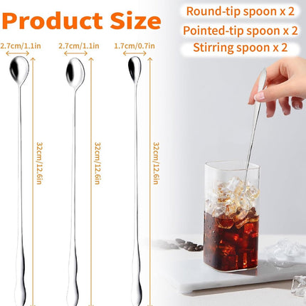 Coffee spoons - Iced tea spoons - Long-handled spoons - Stirring spoons for coffee, ice cream, and cocktails - Stainless steel stirrers - 32 cm dessert spoons (6-pack).