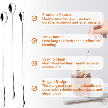 Coffee spoons - Iced tea spoons - Long-handled spoons - Stirring spoons for coffee, ice cream, and cocktails - Stainless steel stirrers - 32 cm dessert spoons (6-pack).