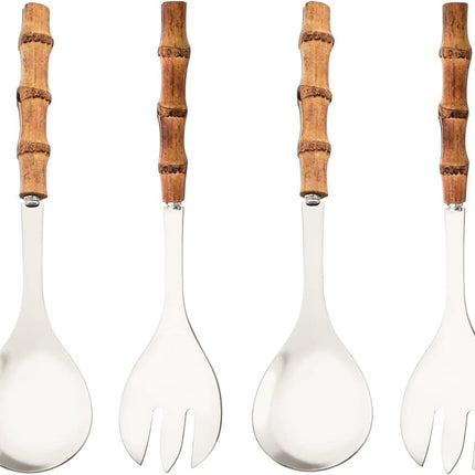 Cutlery set - including spoon and fork - made of 304 stainless steel - with natural bamboo handles, 25 cm long - suitable for kitchens, parties, buffets, etc. - 4 pieces in total / 2 of each.