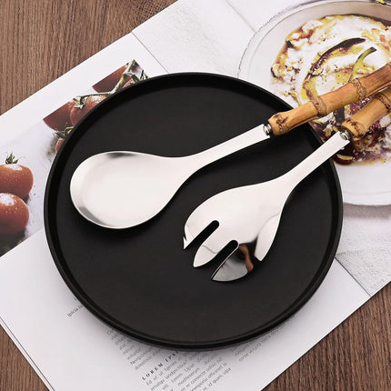 Cutlery set - including spoon and fork - made of 304 stainless steel - with natural bamboo handles, 25 cm long - suitable for kitchens, parties, buffets, etc. - 4 pieces in total / 2 of each.