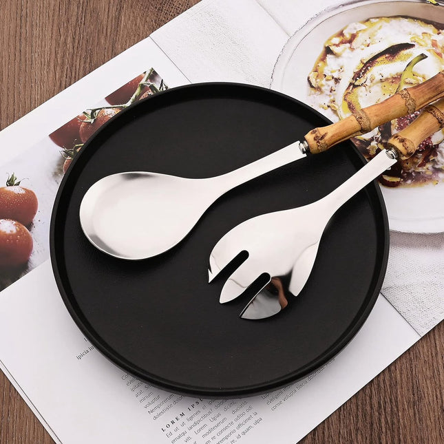 Cutlery set - including spoon and fork - made of 304 stainless steel - with natural bamboo handles, 25 cm long - suitable for kitchens, parties, buffets, etc. - 4 pieces in total / 2 of each.