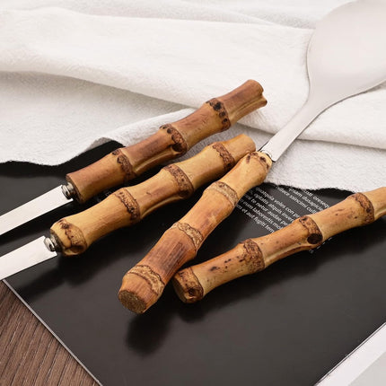 Cutlery set - including spoon and fork - made of 304 stainless steel - with natural bamboo handles, 25 cm long - suitable for kitchens, parties, buffets, etc. - 4 pieces in total / 2 of each.