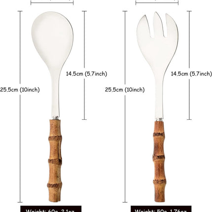 Cutlery set - including spoon and fork - made of 304 stainless steel - with natural bamboo handles, 25 cm long - suitable for kitchens, parties, buffets, etc. - 4 pieces in total / 2 of each.
