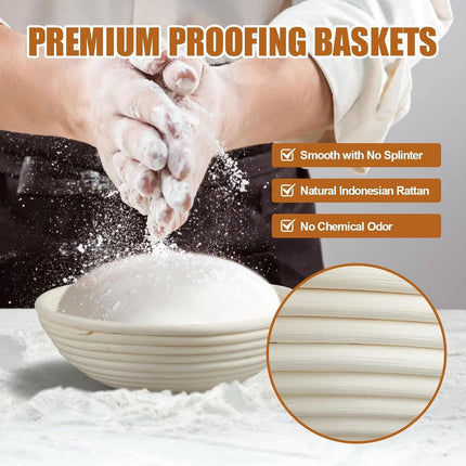 2-Pack Fermentation Basket - Bread Proofing Basket - 9 Inch Round Woven Basket - Includes Linen Lining - Handmade from Natural Reed.