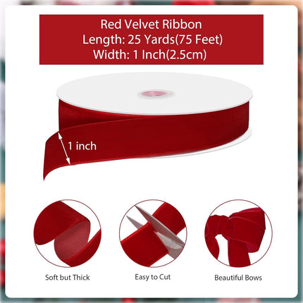 Red Velvet Ribbon – 2.5cm×22.5m, for gifts/Christmas decorations.