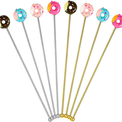 8 stainless steel stirrers - Donut cartoon design - Reusable stirrers for coffee and drinks - 7.5-inch long stirrers - Long-stem cocktail picks - Perfect as a donut gift and party decoration - 4 gold and 4 silver pieces.