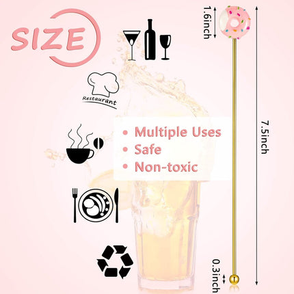 8 stainless steel stirrers - Donut cartoon design - Reusable stirrers for coffee and drinks - 7.5-inch long stirrers - Long-stem cocktail picks - Perfect as a donut gift and party decoration - 4 gold and 4 silver pieces.
