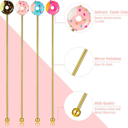8 stainless steel stirrers - Donut cartoon design - Reusable stirrers for coffee and drinks - 7.5-inch long stirrers - Long-stem cocktail picks - Perfect as a donut gift and party decoration - 4 gold and 4 silver pieces.