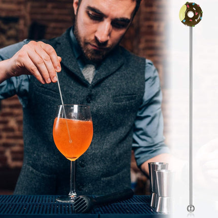8 stainless steel stirrers - Donut cartoon design - Reusable stirrers for coffee and drinks - 7.5-inch long stirrers - Long-stem cocktail picks - Perfect as a donut gift and party decoration - 4 gold and 4 silver pieces.