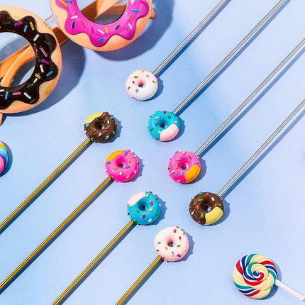 8 stainless steel stirrers - Donut cartoon design - Reusable stirrers for coffee and drinks - 7.5-inch long stirrers - Long-stem cocktail picks - Perfect as a donut gift and party decoration - 4 gold and 4 silver pieces.