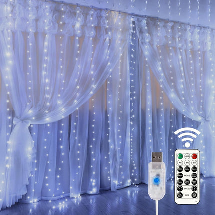 Curtain lights, Christmas lights - 300 LEDs, 8 light modes, copper string lights with remote control, USB powered and waterproof for Christmas, bedroom, party, wedding, home, garden, wall decorations, cool white.
