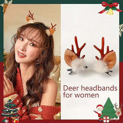 Christmas Hair Clips - Christmas Headband - Cute Deer Antler Headband - With Plush Reindeer Ears - For Halloween and Christmas - Includes Adjustable Strap.