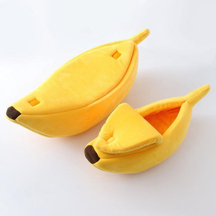 Banana-shaped pet bed - Creative dog and cat kennel - Warm and soft plush puppy mat - Cute fruit design for cats, kittens, and dogs - Available in various sizes (S).