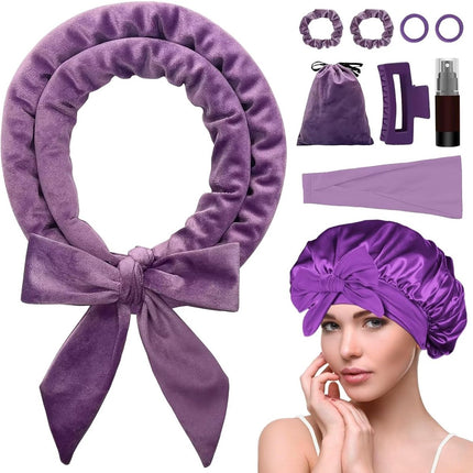 Heat-free hair curlers -Curling rollers- curling set- Blow-dry effect without heat overnight - Soft cap and sleepy bow design - Comfortable curls while you sleep for long hair-Purple.