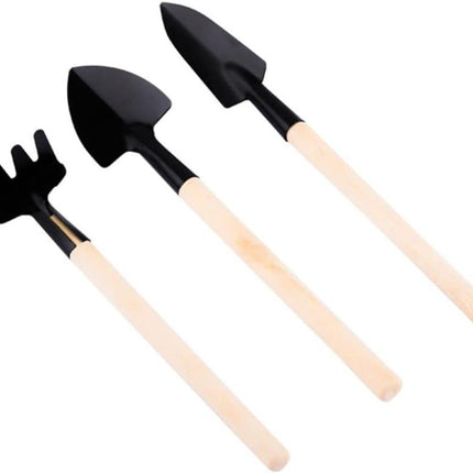 3-piece mini garden tool set - for pots and plants - Wooden handle design - Shovel, rake, and soil shovel - Small size for precise work.