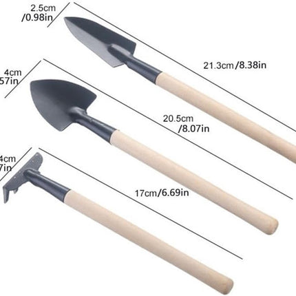 3-piece mini garden tool set - for pots and plants - Wooden handle design - Shovel, rake, and soil shovel - Small size for precise work.