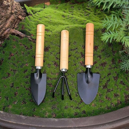 3-piece mini garden tool set - for pots and plants - Wooden handle design - Shovel, rake, and soil shovel - Small size for precise work.