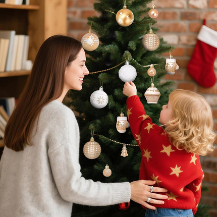 42 Christmas Tree Ornaments - Unbreakable Baubles - Various Styles for Christmas Tree Ornaments - Indoor Christmas Decorations for Home and Parties - Gold and White.