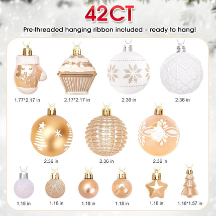 42 Christmas Tree Ornaments - Unbreakable Baubles - Various Styles for Christmas Tree Ornaments - Indoor Christmas Decorations for Home and Parties - Gold and White.