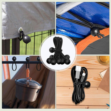 30 elastic cords, 10 cm long - with ball joints - black - sturdy rubber tensioners - for securing tarpaulins, camping tents, luggage cables, and awnings..