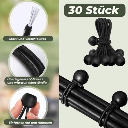 30 elastic cords, 10 cm long - with ball joints - black - sturdy rubber tensioners - for securing tarpaulins, camping tents, luggage cables, and awnings..