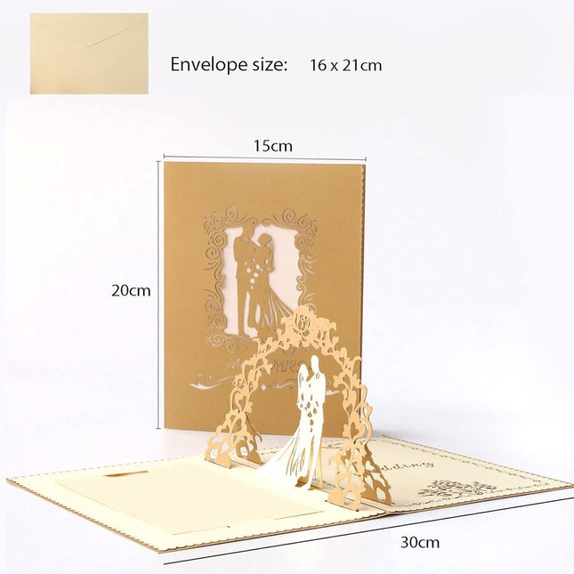 3D Pop-Up Wedding Card - Comes with a high-quality envelope - Suitable for wedding anniversaries, wedding gifts, birthdays, and wedding invitations (Gold).