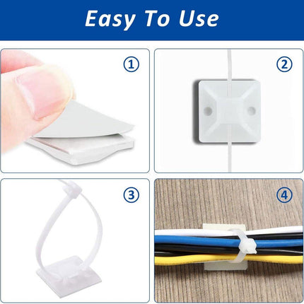 100 pieces 25 mm × 25 mm self-adhesive cable tie base holders (white).
