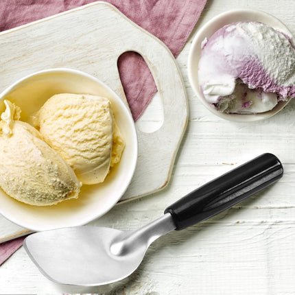 Robust ice cream scoop with non-slip handle - stainless steel ice cream scoop - perfect for scooping and serving hard frozen desserts..