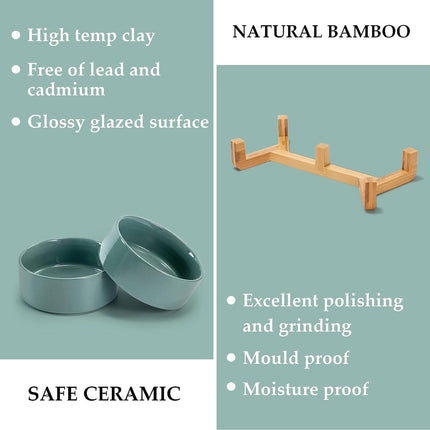 Cat Litter Box - Dog Bowl - Ceramic Food Bowl Set for Cat and Dog - With Wooden Base, Modern and Cute Design, Weighted and Non-Slip - Suitable for food and water - Suitable for cats, small dogs, and puppies (Capacity: 390 ml / Diameter: 13 cm).