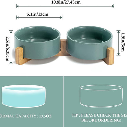 Cat Litter Box - Dog Bowl - Ceramic Food Bowl Set for Cat and Dog - With Wooden Base, Modern and Cute Design, Weighted and Non-Slip - Suitable for food and water - Suitable for cats, small dogs, and puppies (Capacity: 390 ml / Diameter: 13 cm).