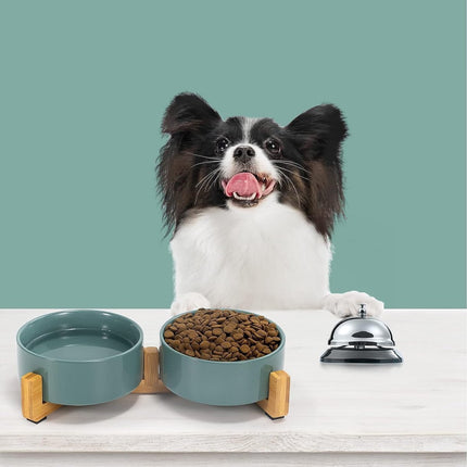 Cat Litter Box - Dog Bowl - Ceramic Food Bowl Set for Cat and Dog - With Wooden Base, Modern and Cute Design, Weighted and Non-Slip - Suitable for food and water - Suitable for cats, small dogs, and puppies (Capacity: 390 ml / Diameter: 13 cm).
