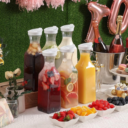 50 oz plastic water carafe with flip lid, set of 3 square plastic juice pitchers with clear bottom - for water, iced tea, juice, liquor, lemonade, milk and mimosa bar - HAND WASH ONLY.