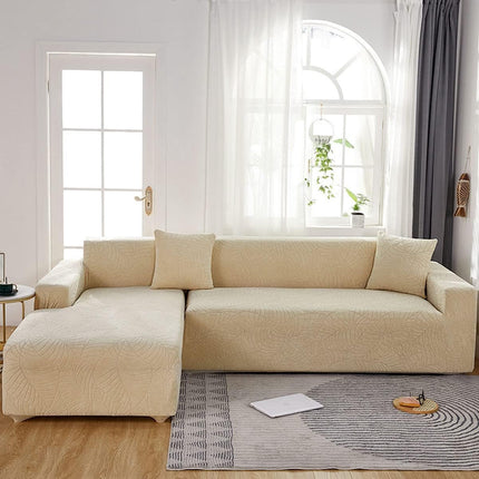Waterproof sofa cover - Beige jacquard leaf pattern - For 3-seater sofa (185-230 cm).