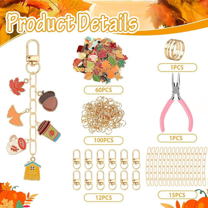 Autumn keychain making set - 60 autumn charms & 12 clips - plus accessories.