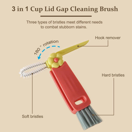 3-in-1 crevice brush for bottle caps - Multifunctional crevice brush for water bottle caps - Portable bottle cleaning brush - Household kitchen cleaning tool.