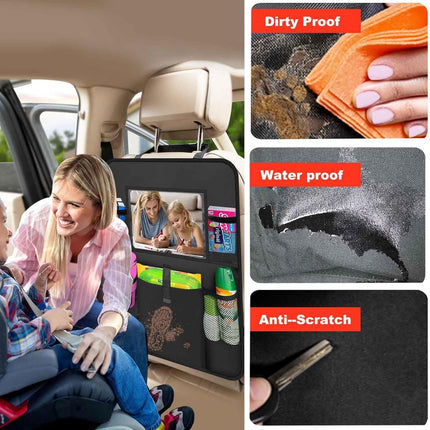 Two-pack storage bags for the car back seat - with touchscreen tablet holder - 6 storage bags - protective cushions - car seat covers - children's travel accessories.