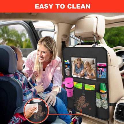 Two-pack storage bags for the car back seat - with touchscreen tablet holder - 6 storage bags - protective cushions - car seat covers - children's travel accessories.