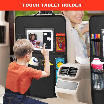 Two-pack storage bags for the car back seat - with touchscreen tablet holder - 6 storage bags - protective cushions - car seat covers - children's travel accessories.